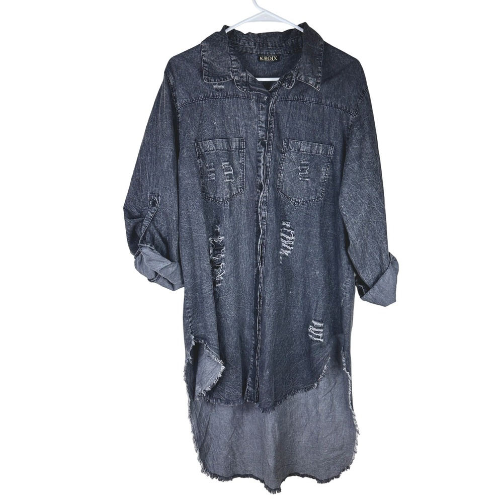 KROIX Distressed Denim Shirt Women 1X Grey Excellent High Low Acid Wash Longline